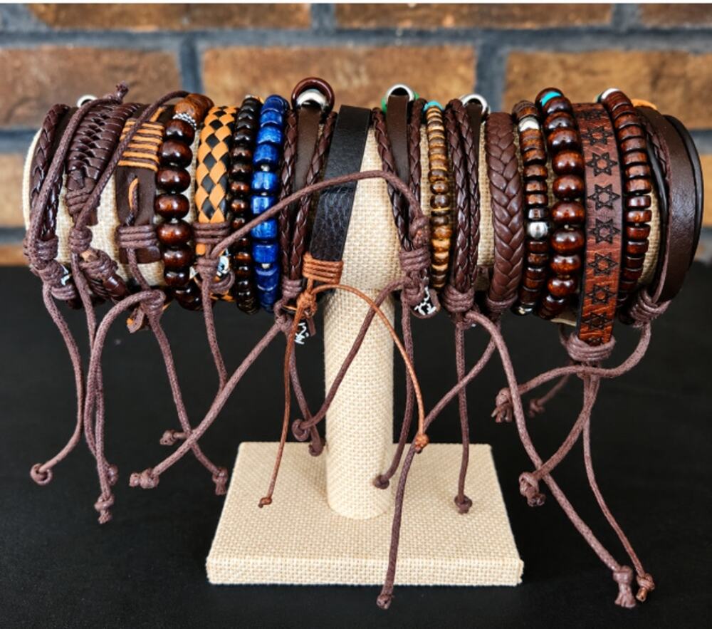 Collection of 18 Western Bracelets Leather, Beads, Steer Heads & More Adjustable